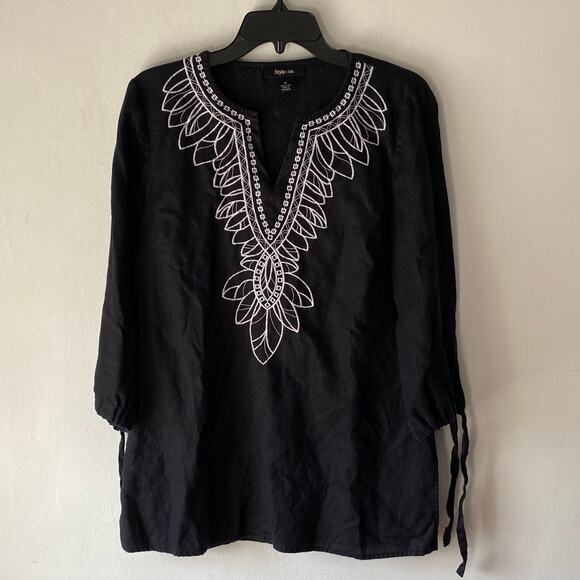 Black Linen Embroidered Tunic Top Sz 10 Long Sleeve Lagenlook Boho Resortwear - Picture 1 of 6